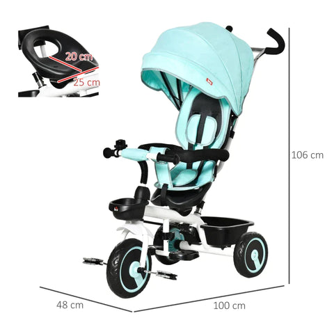 Rootz 2 In 1 Children's Tricycle - Jogger With Steering System - Rod Basket - Sun Canopy - Velvet Touch - Green - 100 x 48 x 106 cm