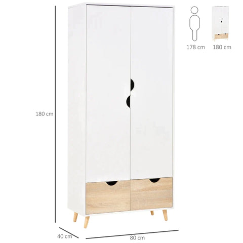 Rootz Wardrobe - Wardrobe With Rod Drawer - Living Room - Bedroom - White/Natural - 80 x 40 x 180 cm