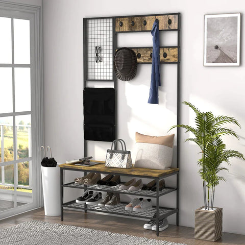 Rootz Wardrobe - Industrial Design - 1 Memo Board - Wood Material - 1 Shoe Bench - 8 Coat Hooks - 1 Storage Bag - Black + Brown - 100L x 40W x 185H cm