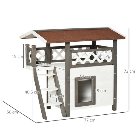 Rootz Cat House - Small Animal House - Cat Cave - With Terrace And Stairs - Weatherproof Winterproof - Fir Wood - White - 77 x 50 x 73 cm