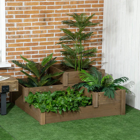 Rootz Raised Bed - 4 Planters On 3 Levels - Weather-resistant - Solid Wood - Natural - 122 cm x 122 cm x 51 cm