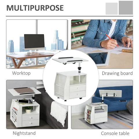 Rootz Side Trolley - Side Table - Flexible Tabletop - 2 Drawers - Newspaper Compartment - 4 Wheels - White - 60 x 40 x 90 cm