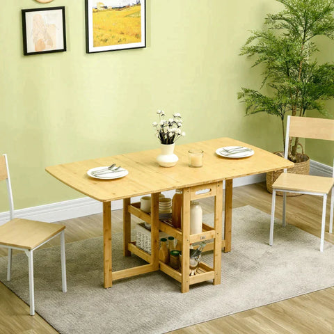 Rootz Folding Table - Dining Table - Two Foldable Sides - Two Shelves - Adjustable Feet - Bamboo - 149.5 x 80 x 73.5 cm
