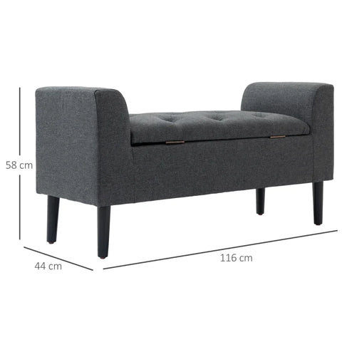 Rootz Bank - Bank Met Opbergruimte - Gestoffeerde Bank - Kruk - Commode - Linnen Touch - Rubberhout - Donkergrijs - 116 x 44 x 58 cm