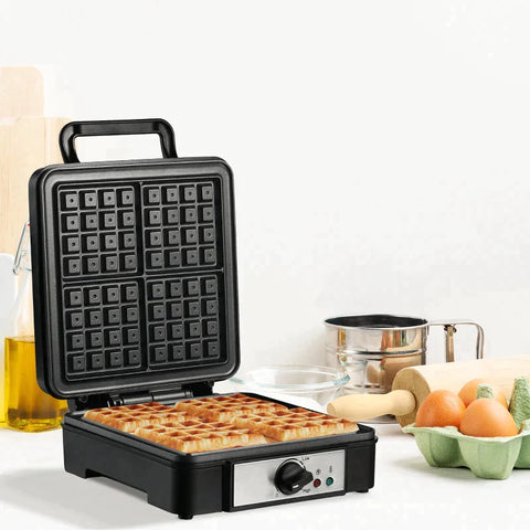 Rootz Waffle Maker - Fast Waffle - 4 Waffles - Plates Adjustable - Temperature Non-slip Feet - 1200w - Aluminum - Black - 24.5 x 31.6 x 11.3 cm