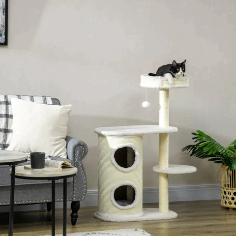 Rootz Scratching Post - With Scratch Barrel - 1 Cat Bed and Cat Toy - Off-White - 59cm x 35cm x 100cm
