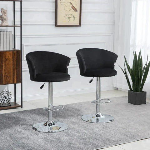 Rootz Bar Stool - Set Of 2 Bar Stool - Velvet Look - Height Adjustable - 360 Degrees Rotatable - Black + Silver - 58cm x 58cm x 108cm