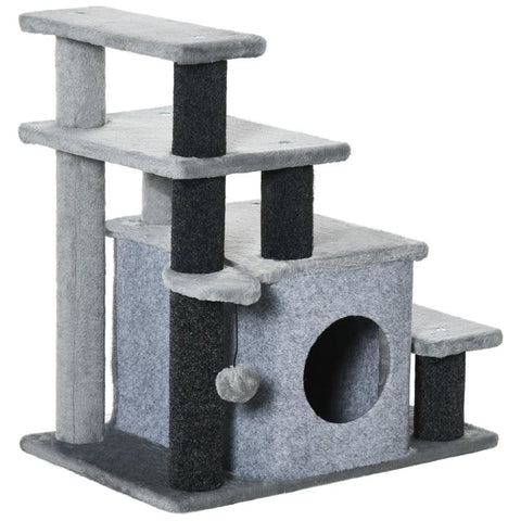Rootz Krabpaal - Dierentrap - 4 Trappen - Speelbal - Huisje - In Hoogte Verstelbaar - Zwart + Grijs - 60 x 40 x 66 cm