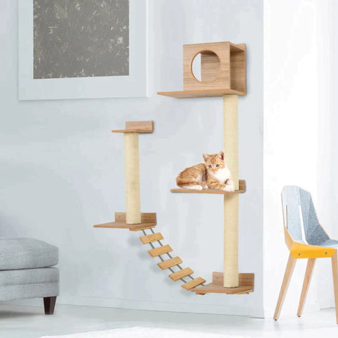 Rootz Wall Scratching Tree - Cat Tree - Climbing Tree for Cats - Multi-Level with Ladder Pilaster - Yellow - 156 cm