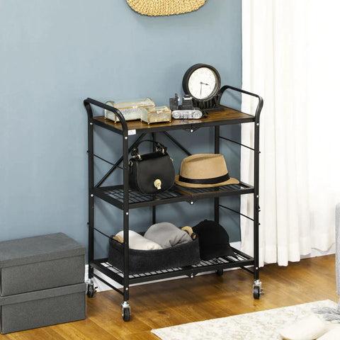 Rootz Industrial Design Kitchen Trolley - 3 Shelves - Multi-Purpose Trolley - Serving Trolley - 4 Wheels - Folding - MDF - Brown + Black - 68L x 35W x 85H cm