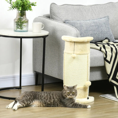 Rootz Scratching Post Toys - Playing+Relaxing - Including 2 Balls - Soft Plush - Chipboard - Cream White - 34 cm x 25.5 cm x 58 cm