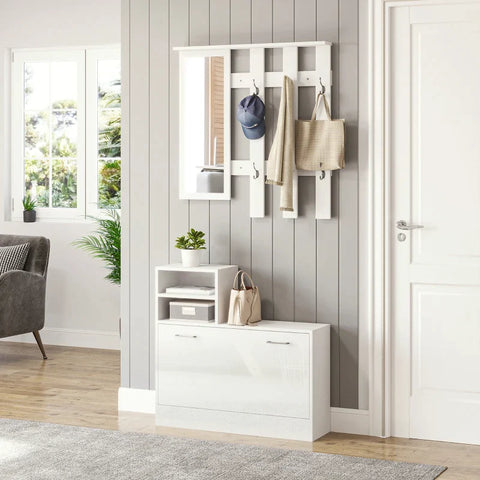 Rootz Wardrobe Set With Mirror - Shoe Cabinet - Bench - 6 Double Hooks - High-gloss Surface - High-gloss - White - 85L x 24W x 80H cm