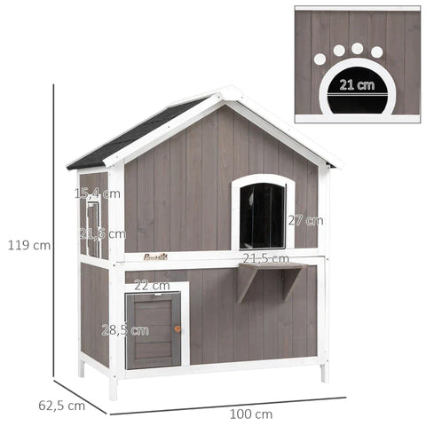 Rootz Cat House - Cat Hut - Cat Cave - Cat Villa - Small Animal House - With Platform - Weatherproof - Fir Wood - Grey - 100 x 62.5 x 119 cm