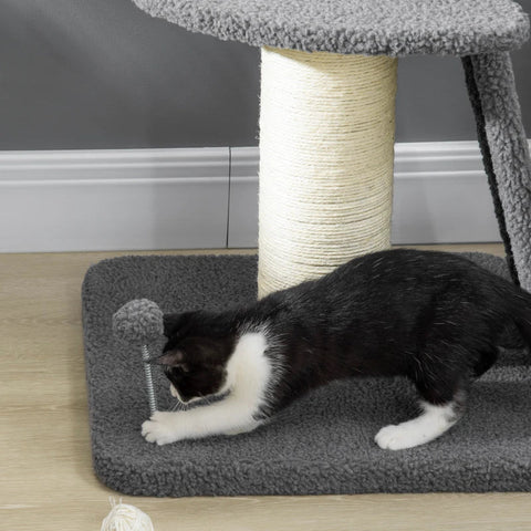 Rootz Scratching Post - One Platform - Hanging Play Ball - Sisal - Dark Grey + Cream White - 48 x 48 x 92cm