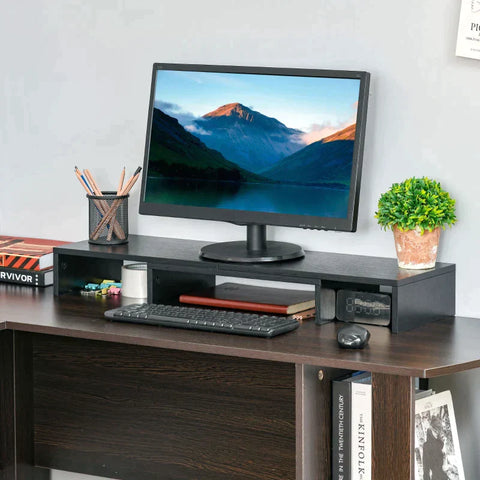 Rootz Monitor Stand - 3 Shelves - Length Angle Adjustable - Double Screen Stand - Wooden Shelf - Monitor Holder for Computer - Black - 80-117 x 23.5 x 10 cm