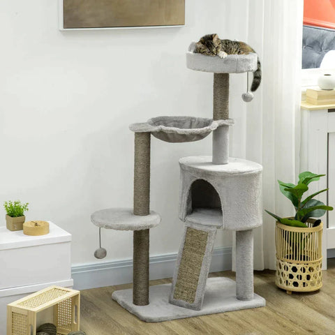 Rootz Scratching Post - Cat Cave - Cat Bed - Cat Hammock and Toys - Light Grey - 60cm x 40cm x 113cm