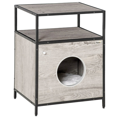Rootz Cat Cave - Cat Cabinet - Cat Bed - Cat House with Door - Open Shelf - Plush - Gray + Black - 48 x 40 x 65.5 cm