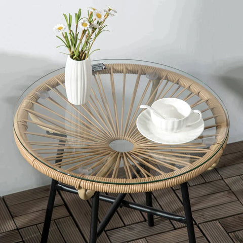 Rootz Garden Table - Boho Style Garden Table - PE Rattan - Tempered Glass - Weather Resistant - Black + Brown - 50cm x 50cm x 50cm