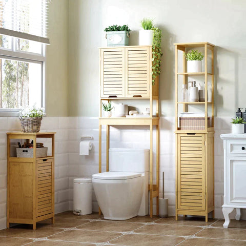 Rootz Bathroom Cabinet - Tall Cabinet - Bathroom Floor Cabinet - Three Shelves - One Cabinet Compartment - With Louvered Door - Natural - 34 x 30 x 173cm