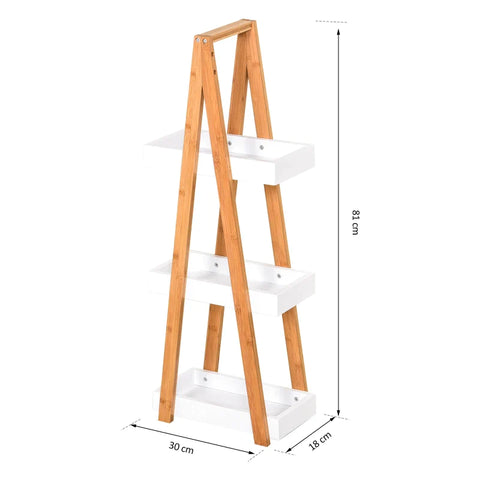 Rootz Bathroom Shelf - Bath Shelf - 3 Tier Stair Shelf - Ladder Shelf - Shelf - Bamboo - White - 30 x 18 x 81 cm