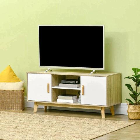 Rootz TV Cabinet - TV Lowboard -  TV Table - Sideboard With 2 Cabinets And Open Shelves - Scandi Design - Natural + White - 120 X 40 X 55 cm