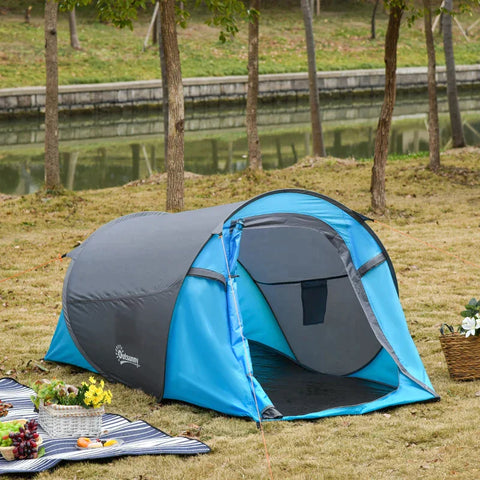 Rootz Camping Tent - Pop up Tent for 1-2 Person - Camping Tent for 3 Seasons - Polyester - Glass Fiber - Blue/Grey - 220 x 108 x 110 cm