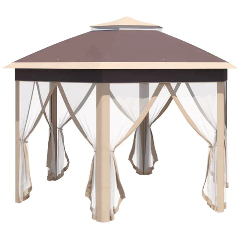 Rootz Tuinpaviljoen - Tuinpaviljoen - Vouwtent - Pop-up Tent - Partytent - 6 Zijpanelen - Dubbel Dak - Zeshoekig - Beige + Kaki - 405L x 405B x 285H cm