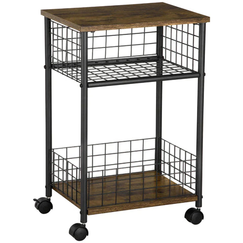 Rootz Kitchen Trolley - Serving Trolley - Industrial Design - 1 Shelf 1 Storage Basket 4 Wheels - Chipboard/Steel - Black/Brown - 40 cm x 30 cm x 62 cm