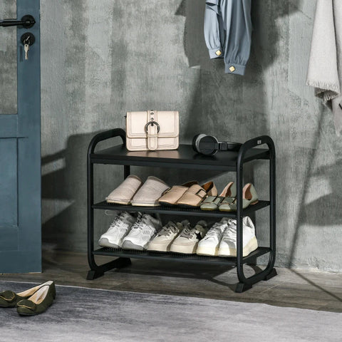 Rootz Schoenenrek - Schoenenbank - Opbergrek - Met 3 Planken - Metaal - Zwart - 62L x 30B x 52H cm