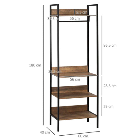 Rootz Kleiderschrank – Kleiderschrank im Industriedesign – 1 Hutablage – 3 Einlegeböden – 1 Kleiderstange – Braun + Schwarz – 60 cm x 40 cm x 180 cm