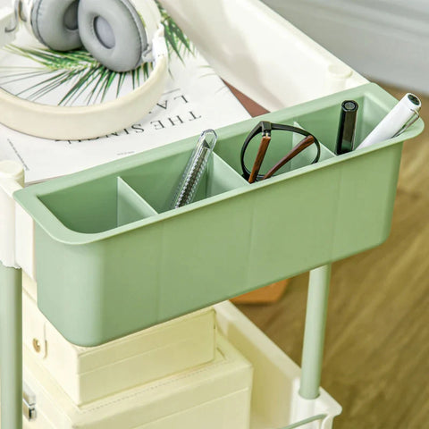 Rootz Trolley - 3 Levels - Hanging Basket - Push Handle - 4 Wheels - Metal Frame - Plastic+steel - White+green - 50 x 29.4 x 77cm