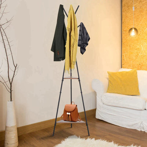 Rootz Coat Stand - Clothes Stand - 6 Hooks - Metal - Black - 32.5 x 45.5 x 182 cm