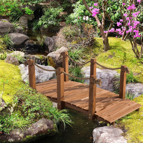 Rootz Garden Bridge - Wooden Bridge - Walkable Wooden Bridge - Pond Bridge - Ornamental Bridge With Railing Rope - Solid Wood - Brown - 152L x 67W x 50H cm