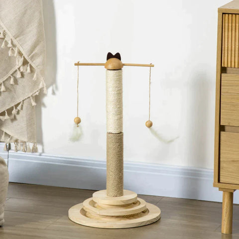 Rootz Scratching Post - Cat Tree - Cat Tower - Kitty Activity Center - With Turntable Interactive Ball Toy - Natural - 32cm x 32cm x 56cm