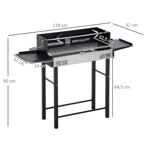 Rootz Charcoal Grill - Camping Grill with Grill Grate and Rotisserie Kit - Foldable Side Shelves - Camping - Garden - BBQ - Stainless Steel + Metal - Black - 118 x 32 x 90 cm