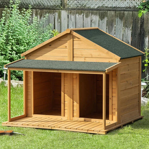 Rootz Massief Houten Hondenhok - Geïsoleerd Hondenhok met 2 Kamers - Asfaltdak - Buitenhut met Terras - Geel + Groen - 127 x 110 x 109 cm