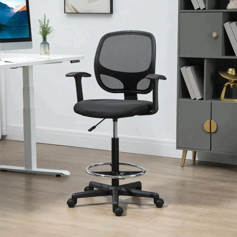 Rootz Drawing Chair With Footrest - 5 Castors - Height-adjustable - Steel - Mesh Fabric - Black - 60L x 56W x 132H cm