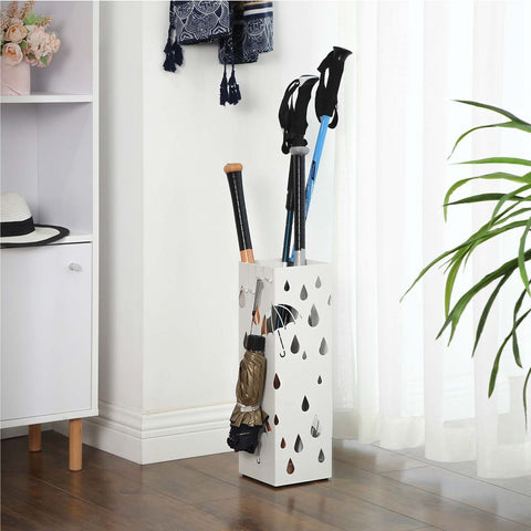 Rootz Umbrella Stand - Metal Umbrella Stand With Hooks - Modern Umbrella Stand - Tall Umbrella Stand - Umbrella Rack - Sheet Iron - White - 15.5 x 15.5 x 49 cm