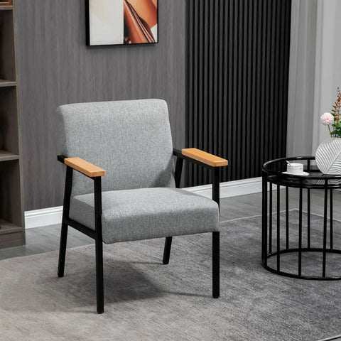 Rootz Accent Chair In Scandi Design - Recliner - Accent Chair - Linen Look - Rubber Wood - Gray + Black + Brown - 64.5L x 70W x 83.5H cm