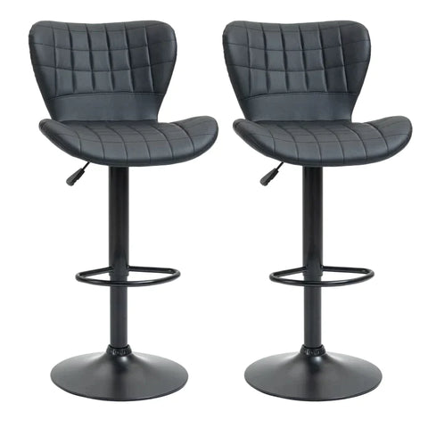 Rootz Set Of 2 Bar Stools - Retro Design - Home Bars - Kitchens - Faux Leather - Metal - Black - 47 cm x 56 cm x 89-109 cm