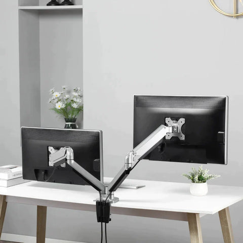 Rootz Monitor Mount - 2 Monitor Desk Mount - Monitor Stand - Height Adjustable - Tiltable - Swivellable - Rotatable - Aluminum - Silver - 93 x 11 x 19-47 cm