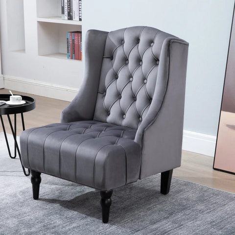 Rootz Single Chair - Wing Chair - Relaxation Chair - Tufted Design Chair - Raised Legs Chair - Stylish Raised Leg Design - Gray - 67 X 70.5 X 97 Cm