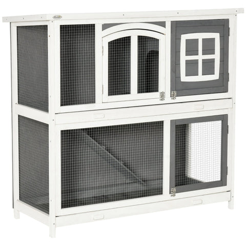 Rootz Small Animal Hutch - Small Animal Cage - Home For Small Animals - 2 Levels Including Floor Pan - Fir Wood - White/Gray - 117L x 49W x 108H cm