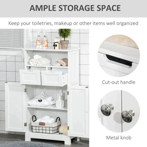 Rootz Bathroom Cabinet - Bathroom Storage Cabinet - Bathroom Cabinet With 2 Drawers 1 Door - Freestanding Cupboard - White - 60 x 30 x 108.8 cm