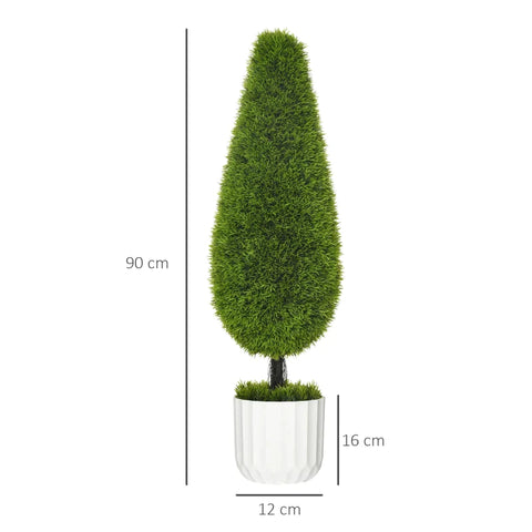 Rootz Set Of 2 Artificial Plants - Including Planter And Artificial Moss - Artificial Cypress - White + Green - 12cm x 12cm x 90cm
