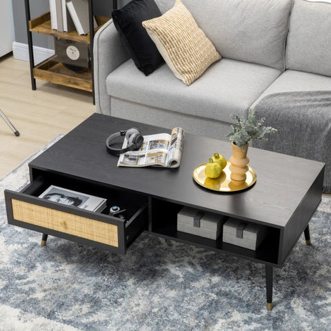 Rootz Coffee Table - Boho Design - 1 Drawer - 2 Compartments - Living Room Table - Rattan Element - Black + Natural - 120L x 59W x 45H cm