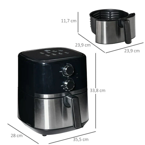 Rootz Airfryer - Heteluchtfriteuse - 4,5 L 1500W - Met 8 Menu's - Gezond Olievrij Vetarm Koken - Zwart Staal - 35,5 x 28 x 33,8 cm