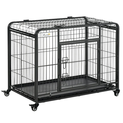 Rootz Metal Dog Cage - Kennel - Locking Door & Wheels - Removable Tray - Openable Top For Large Pets - Black - 94 cm x 58 cm x 69.5 cm