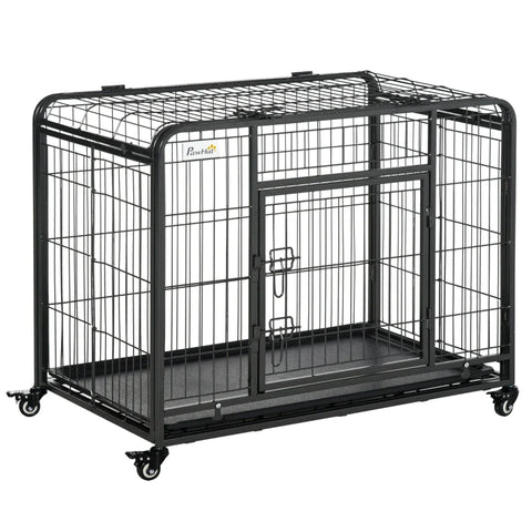 Rootz Metalen Hondenkooi - Kennel - Vergrendelbare Deur en Wielen - Verwijderbare lade - Openbare bovenkant voor grote huisdieren - Zwart - 94 cm x 58 cm x 69,5 cm