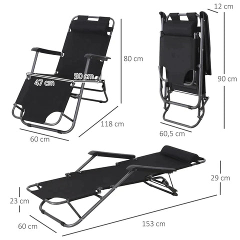 Rootz Sonnenliege mit Kissen – faltbare Strandliege – 2-stöckige Gartenliege – 2-in-1-Entspannungsliege – Metall + Oxford-Stoff – Schwarz – 118 x 60 x 80 cm